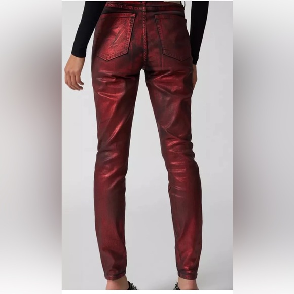 Urban Outfitters Neon Denim Cherry Coated Skinny Jean Metallic Red Black - Picture 5 of 7